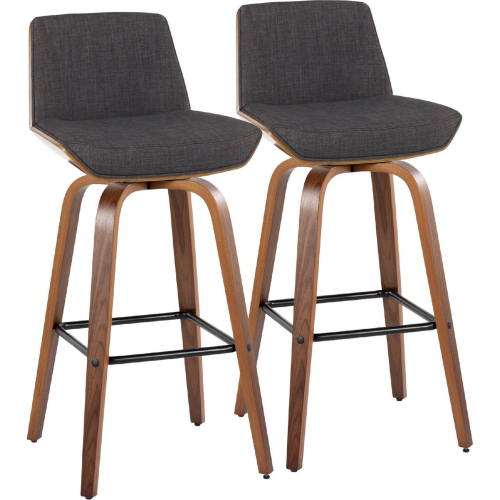 Corazza 30" Swivel Bar Stool in Walnut Wood & Charcoal Fabric with Black Footrest (Set of 2)